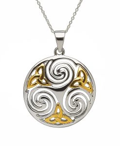 LARGE CELTIC TRISKELE PENDANT IN STERLING SILVER WITH GOLD PLATED DESIGN