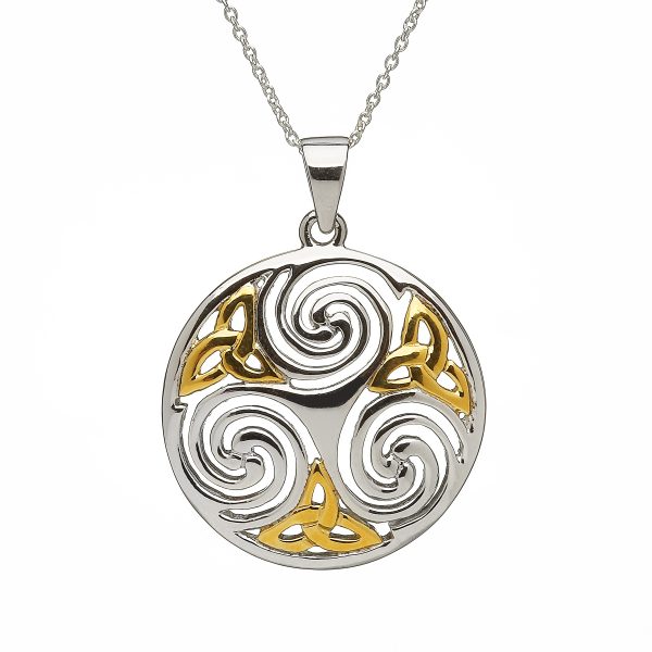 LARGE CELTIC TRISKELE PENDANT IN STERLING SILVER WITH GOLD PLATED DESIGN