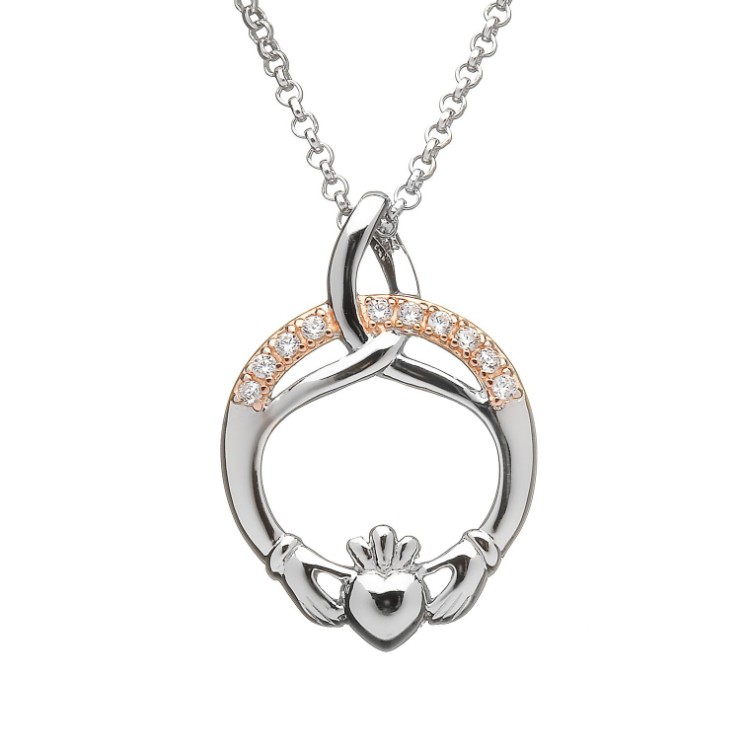 SILVER TRINITY CLADDAGH PENDANT WITH CZ SET IN ROSE GOLD