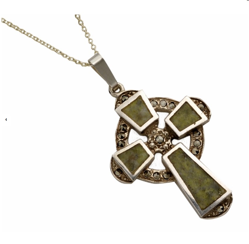 Details about   Irish Sterling Silver Connemara Marble Small Cross Necklace #1071 FREE Gift 