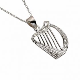 Sterling Silver White Cz Celtic Harp Pendant