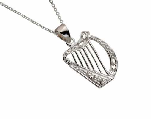Sterling Silver White Cz Celtic Harp Pendant