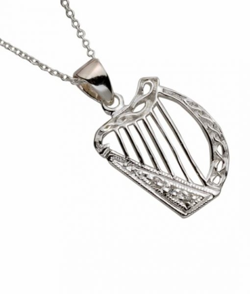 Sterling Silver White Cz Celtic Harp Pendant