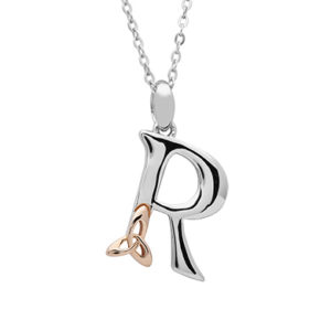 Sterling Silver Celtic initial R Pendant with Rose Gold plated Trinity  detail 18″ chain